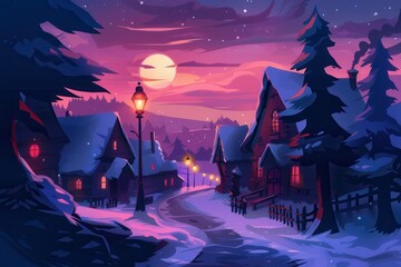 Winter evening in a snowy village with glowing windows and a vibrant sunset backdrop