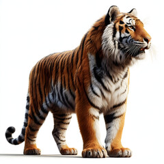 Obraz premium Tiger isolated on a white background, Side view, tiger standing full HD image generated by Ai. full body, realistic, full detail looking at the camera.