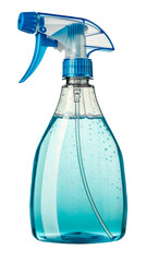 A spray bottle with a transparent body and blue liquid, designed for cleaning solutions or water.