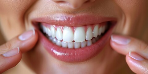 Fototapeta premium Close-up of a Smiling Person Displaying Perfectly White Teeth with Hands Gently Touching Cheeks, Illuminated by Natural Light and Surrounded by a Warm, Positive Atmosphere