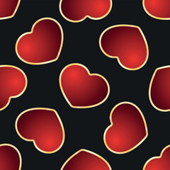 Red hearts vector seamless pattern. Volumetric gradient hearts with gold frames on black background. Best for wallpapers, wrapping paper, package and St. Valentine's Day decoration.