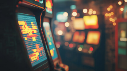 Naklejka premium Retro arcade gaming machines with glowing pixel displays 
