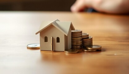 Man hand holding coin on wood table. Save money and financial investment for buying house, financial plan home loan concept.