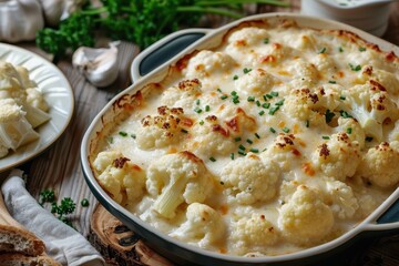 Cheesy milk sauce on cauliflower casserole in baking dish on wooden table