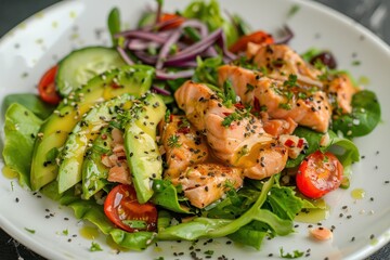 Chef prepared salad with lamb lettuce avocado cucumber salmon cherry tomatoes honey Dijon dressing olive oil lemon juice topped with chia seeds