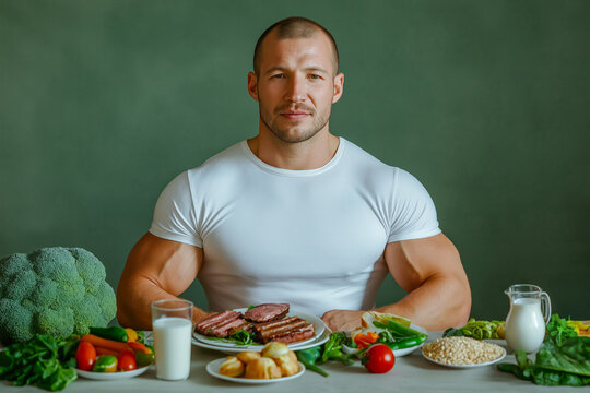 Athletic man with a balanced meal of vegetables, dairy, and grilled meat on a green backdrop.