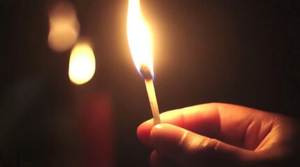 A hand holds a lit matchstick against a dark background, casting a warm glow.