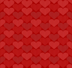 Seamless pattern with Valentine's Day concept with heart shape background made up of straight lines. Solid love. A seamless red heart textured background,  resembling a soft knitted fabric.