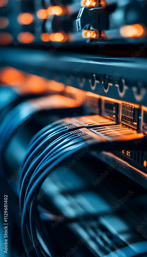 Poster an intricate network of blue and orange cables neatly connected to a labeled server system -