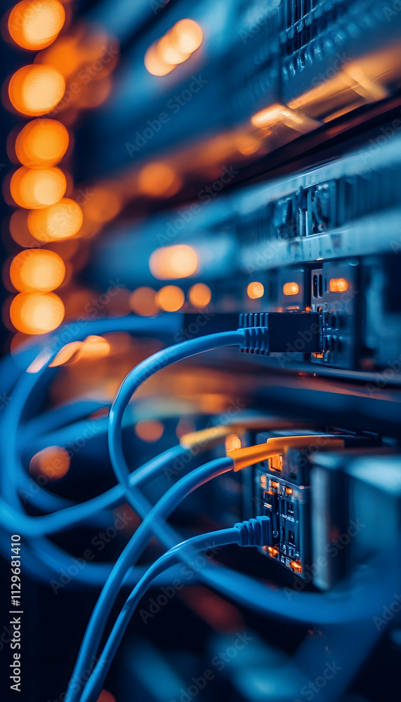 Poster an intricate network of blue and orange cables neatly connected to a labeled server system -