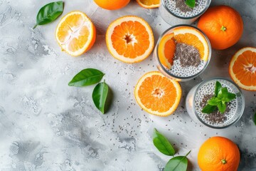 Chia pudding with mandarin ideal for fall or winter Viewed from above on a gray background