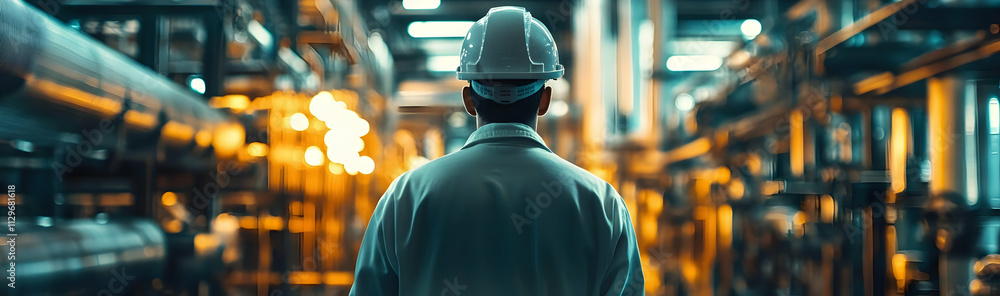 Poster back view of an engineer in a uniform and hardhat working in a petroleum industrial plant with pipel