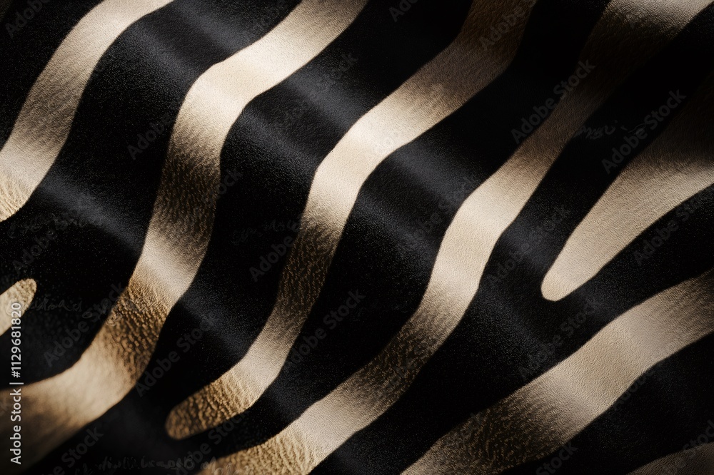 Poster golden zebra stripes pattern flowing on a soft black fabric, creating a luxurious and elegant textur