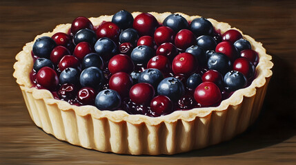 berry tart with fresh cranberries and blueberries elegantly presented on a wooden table  -