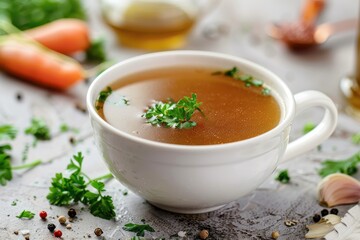 Chicken bone broth in a white bowl on a table