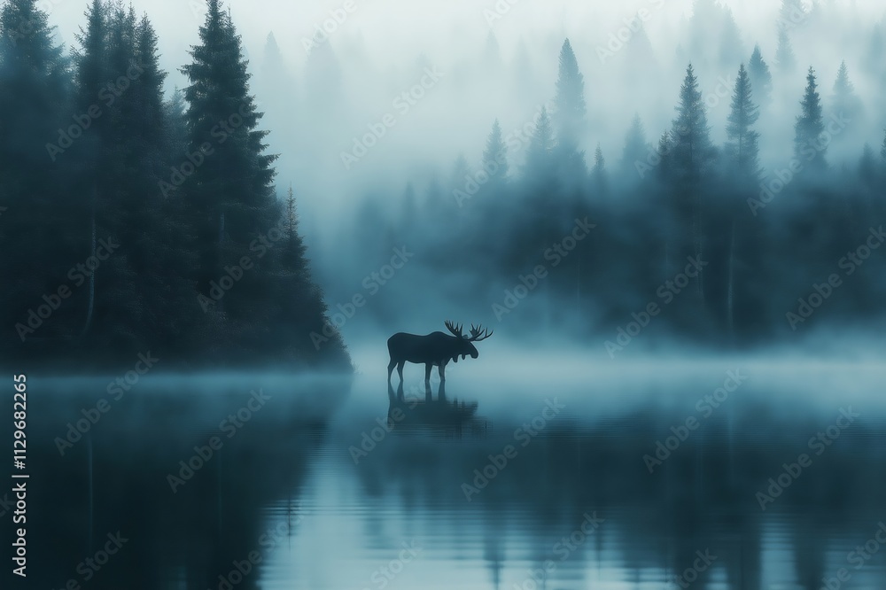 Poster moose standing in a misty lake with a pine forest background, creating a serene and atmospheric scen