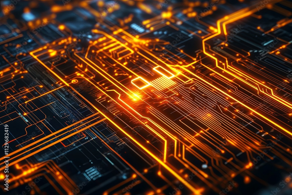 Poster Intricate circuit board illuminated by glowing orange lines and patterns at close range. Generative AI