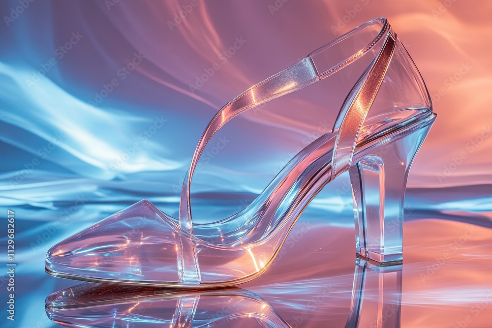 Poster stylish transparent high heel shoe displayed on a reflective surface with vibrant colorful backgroun