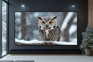 Large high definition television displaying captivating image of owl perched on snowy branch in winter forest, enhancing ambiance of modern living room