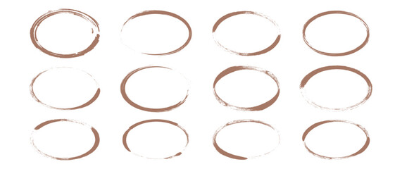 Pen line oval mocha mousse colour, round sketch doodle, pencil charcoal marker, brush ellipse scribble, circular grunge frame, outline paint bubble, text element, freehand ring. Vector illustration