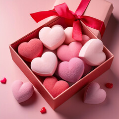 Obraz premium A gift box filled with pink heart-shaped candies, tied with a red ribbon