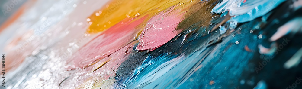 Poster close-up of a press printing machine in operation, showcasing the process of printing in color for t