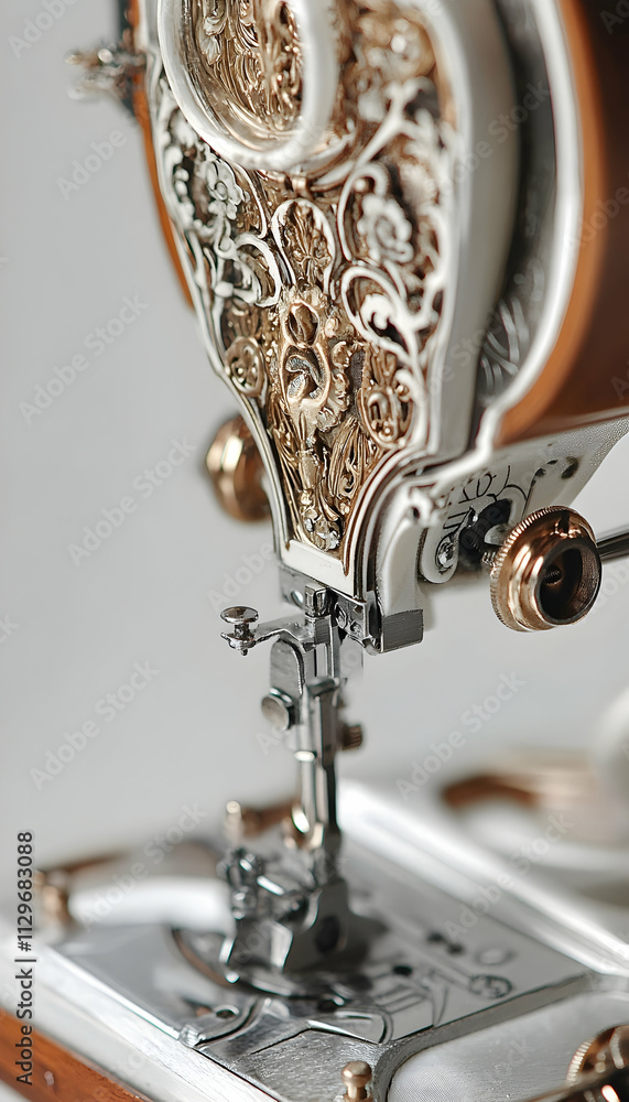 Poster close-up of a sewing machine's foot in action, highlighting its detailed design and precise function