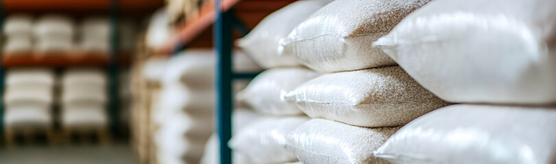 Fototapeta premium Close-up of a warehouse filled with bulk rice or sugar bags in a distribution center -