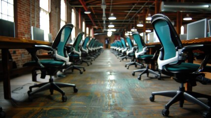 Modern Open-Plan Office Space with Rows of Ergonomic Chairs and Desks Lined Up Symmetrically, Featuring Exposed Brick Walls and Industrial Ceilings