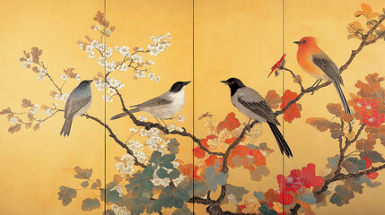煌びやかな和柄と鳥のアート｜背景,日本,アジア,伝統美,豪華な壁紙