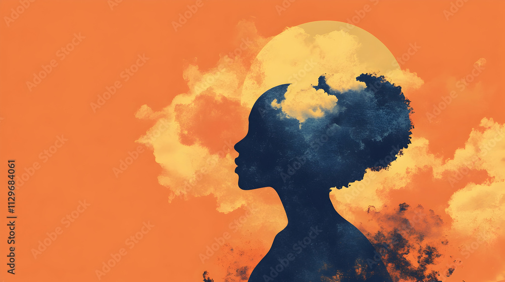 Aufkleber conceptual image of a womana??s profile with overlayed clouds and sun symbolizing mental health and 