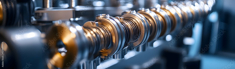 Poster crankshaft of an automobile engine, neatly arranged in a row in a warehouse -