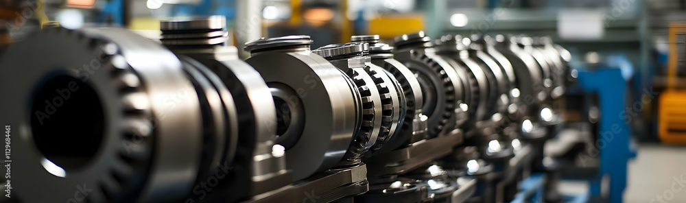 Poster crankshaft of an automobile engine, neatly arranged in a row in a warehouse -