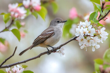 Obraz premium Small songbird perched gracefully on a blossoming tree branch, relishing the vibrant colors of spring's delicate flowers