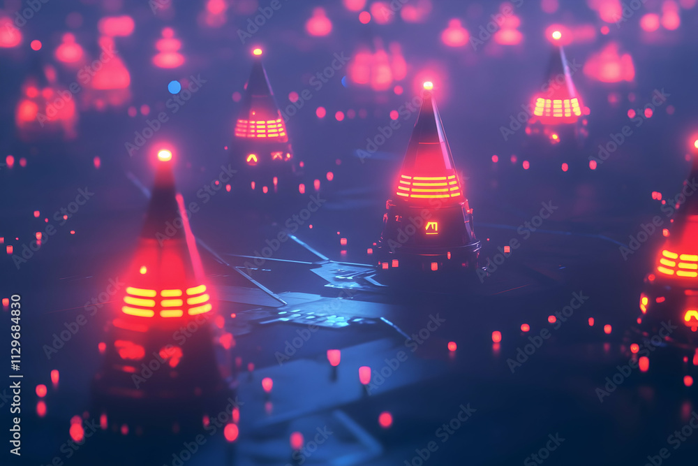 Poster cybersecurity breach visualization with animated shields and warning alerts -