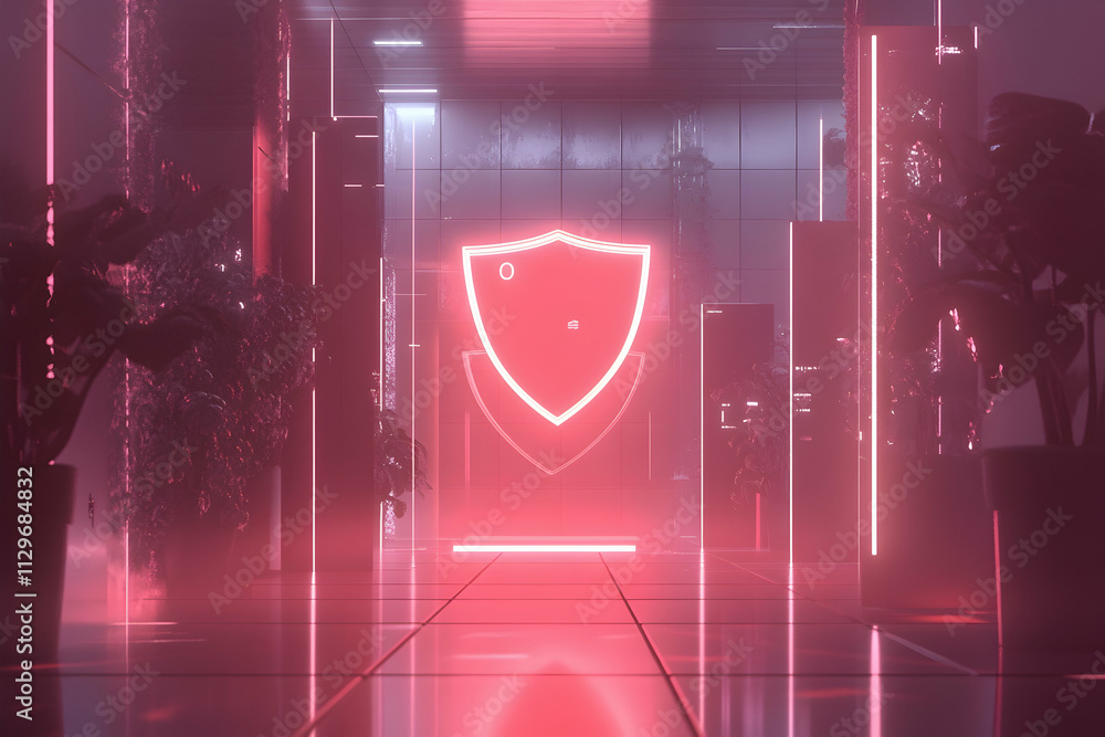 Poster cybersecurity breach visualization with animated shields and warning alerts -