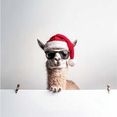 Photo of a cute, funny Llama wearing a Santa hat and sunglasses on a white background, with a banner that has a copy space area for a Christmas or New Year's social media post - Generative AI	
