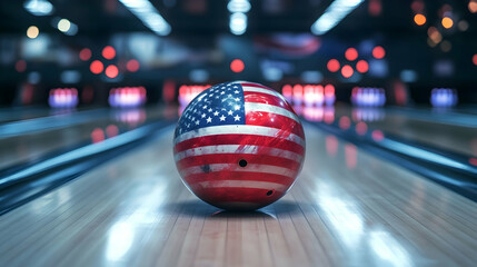 American Flag Bowling Ball on Lane with Striking Visual Appeal and Dynamic Composition