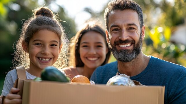 In a vibrant outdoor setting, a family showcases their happiness as they receive a generous donated box filled with fresh vegetables and fruits. The warm sun highlights their joyful expressions