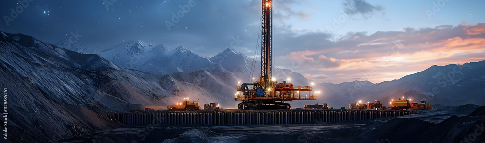 Poster drilling rig constructing a new mine on a pile field in a remote location -