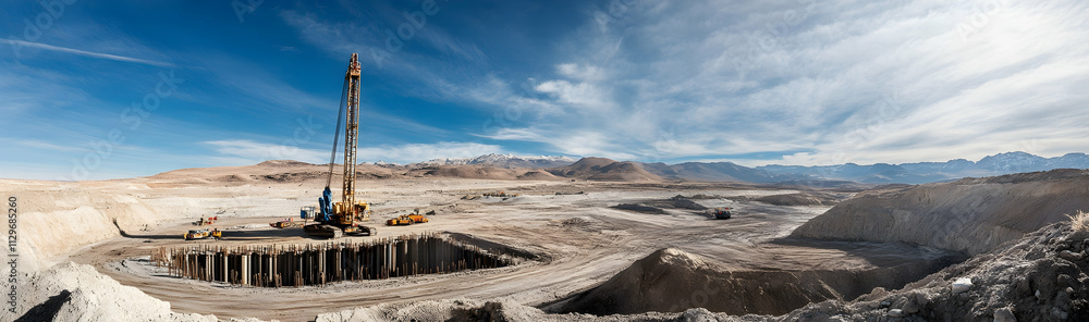Poster drilling rig constructing a new mine on a pile field in a remote location -