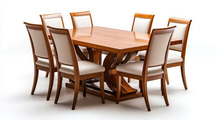 Contemporary dining set with rectangular table, walnut finish, upholstered chairs, dynamic composition, isolated on white background