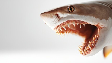 snarling shark, close-up of teeth and gills, cinematic dynamic angle, isolated on white background