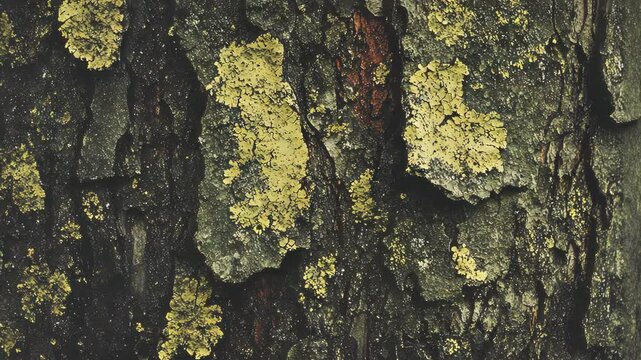 Textured tree bark covered in vibrant yellow lichen showcasing nature's intricate details