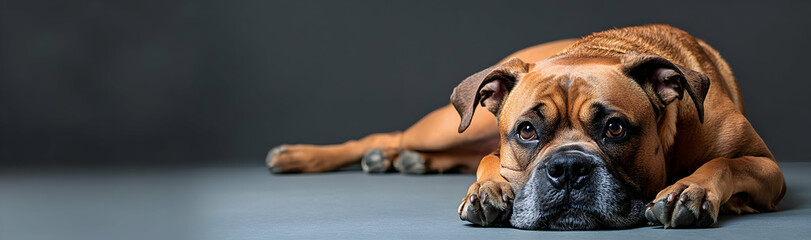 Fototapeta premium Fat, obese dog in a studio photo, highlighting the concept of pet obesity -