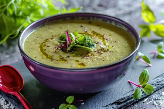 Chicory vegetable cream soup in purple bowl with red spoon on gray dish