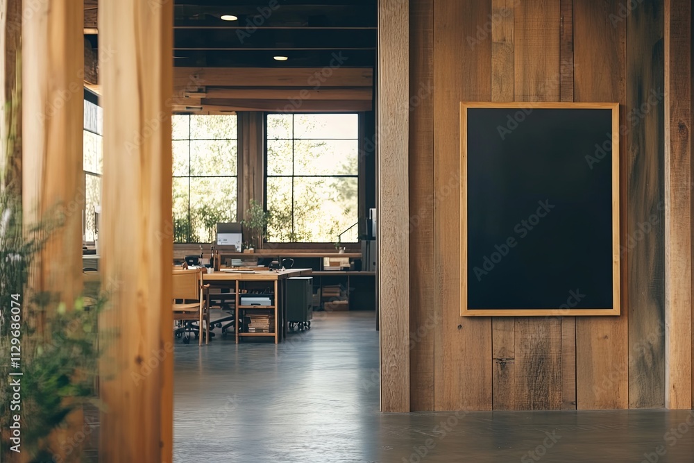 Poster modern workspace featuring wooden elements and a chalkboard in a bright, airy environment with large