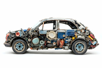 Passenger car constructed entirely from spare auto parts, isolated on a white background, AI Generated