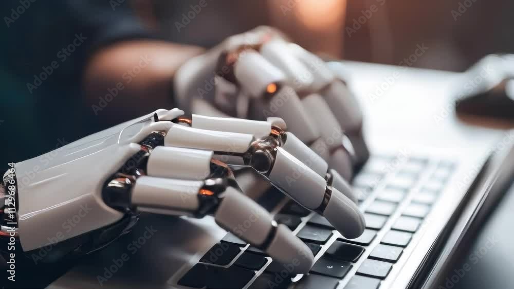 Poster close-up of robotic hands typing rapidly on a laptop keyboard, representing automation, ai, and the 