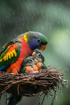 Vibrant Parrot Protecting Its Chicks in a Nest During Rainfall